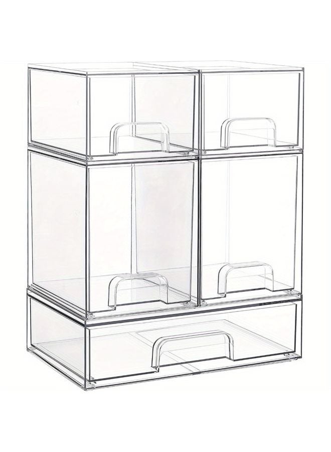 HOMESTAR Stackable Storage Drawers Set of 5, Clear Plastic Organizer Bins for Beauty Supplies,Ideal for Vanity, Bathroom,Cabinet,Pantry Organization - Image 2