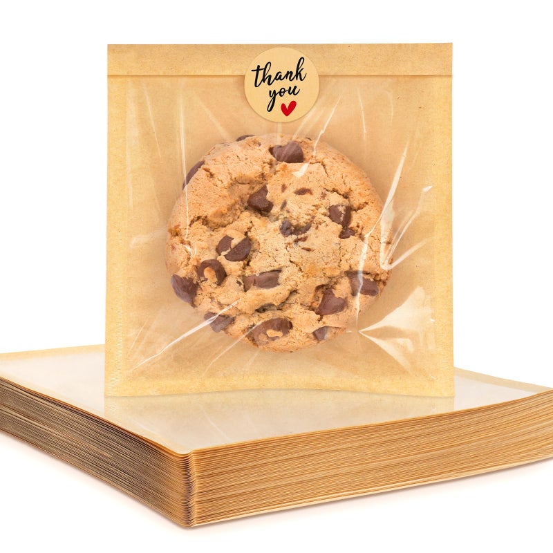 Foranda 100 Pack Cookie Packaging Bags with Seal, 5.7x6.5 Inch Paper Bakery Bags with Window, Heat Sealable & Grease Resistant To Go Bake Sale Sleeves for Treat, Donut, Cake Slice, Scone, Brownie - Image 1