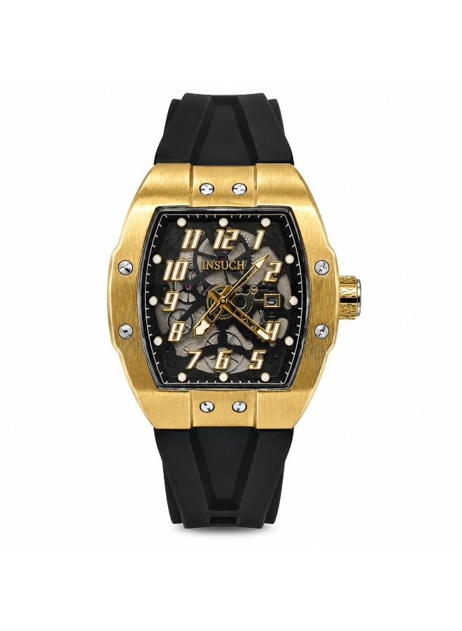 INSUCH Edge IN1032 Men’s Analog Quartz Watch Gold Skeleton Dial Black Silicone Strap Tonneau Luxury Design Date Display - Image 1