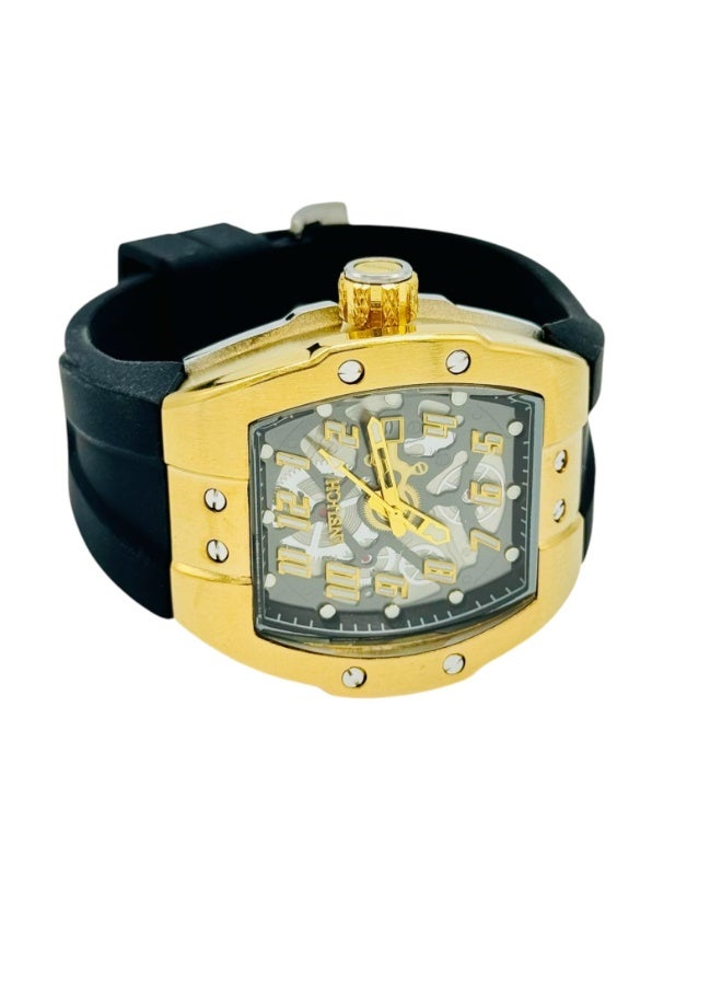 INSUCH Edge IN1032 Men’s Analog Quartz Watch Gold Skeleton Dial Black Silicone Strap Tonneau Luxury Design Date Display - Image 4