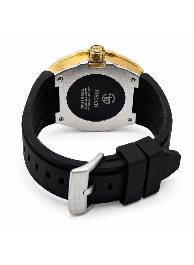 INSUCH Edge IN1032 Men’s Analog Quartz Watch Gold Skeleton Dial Black Silicone Strap Tonneau Luxury Design Date Display - Image 5