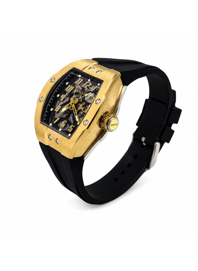 INSUCH Edge IN1032 Men’s Analog Quartz Watch Gold Skeleton Dial Black Silicone Strap Tonneau Luxury Design Date Display - Image 3