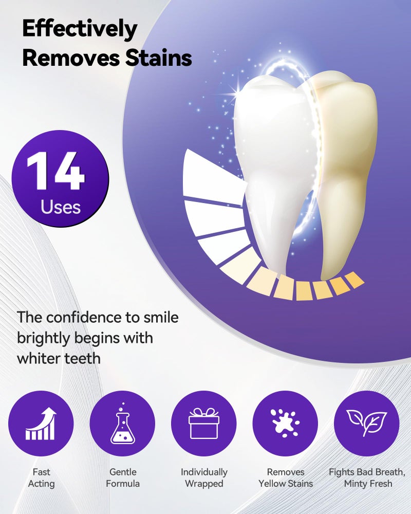Orrhomi Teeth Whitening Strips 14 Treatments, Enamel Safe for Sensitive Tooth, Whitens Teeth, Purple Whitening Strips, Removes Yellow Stains & Bad Breath - Effective Color Correction for a Brighter Smile - Image 2