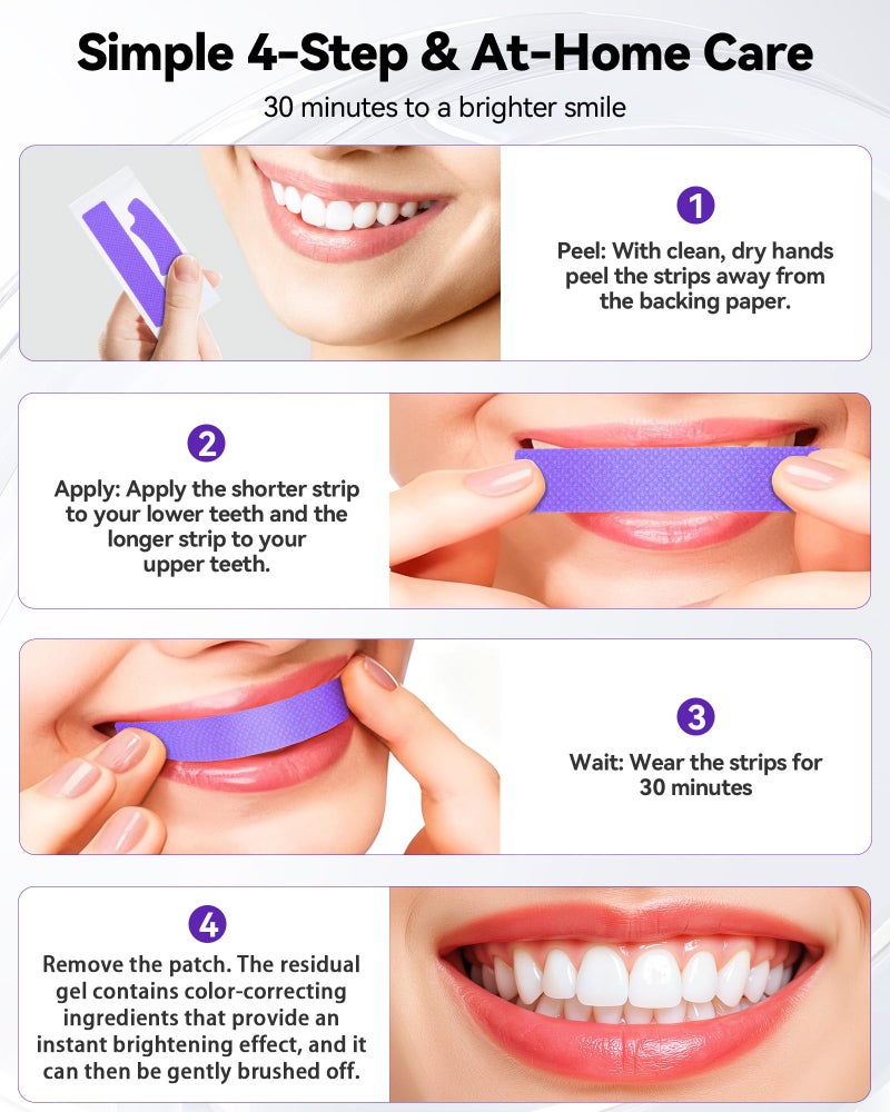 Orrhomi Teeth Whitening Strips 14 Treatments, Enamel Safe for Sensitive Tooth, Whitens Teeth, Purple Whitening Strips, Removes Yellow Stains & Bad Breath - Effective Color Correction for a Brighter Smile - Image 5