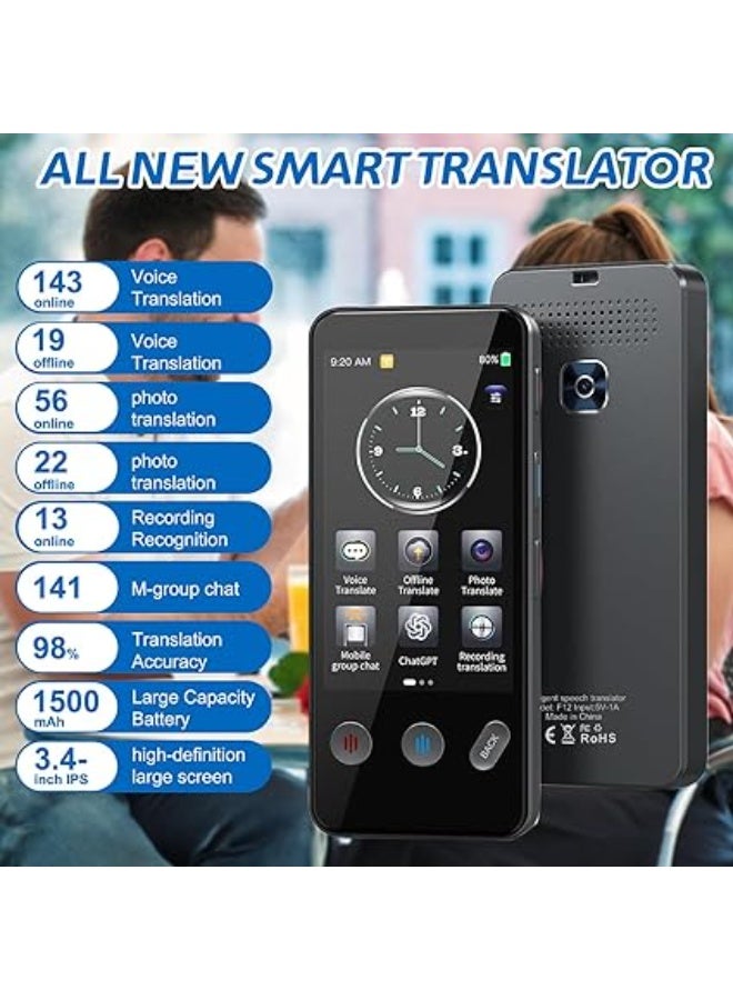 ai Language Translator Device,143+ Languages Translator, Two-Way AI Voice Translator, Instant Translator,Supports Voice/Text/Offline/Photo, for Travel, Business,Study,Gift(Black) - Image 2