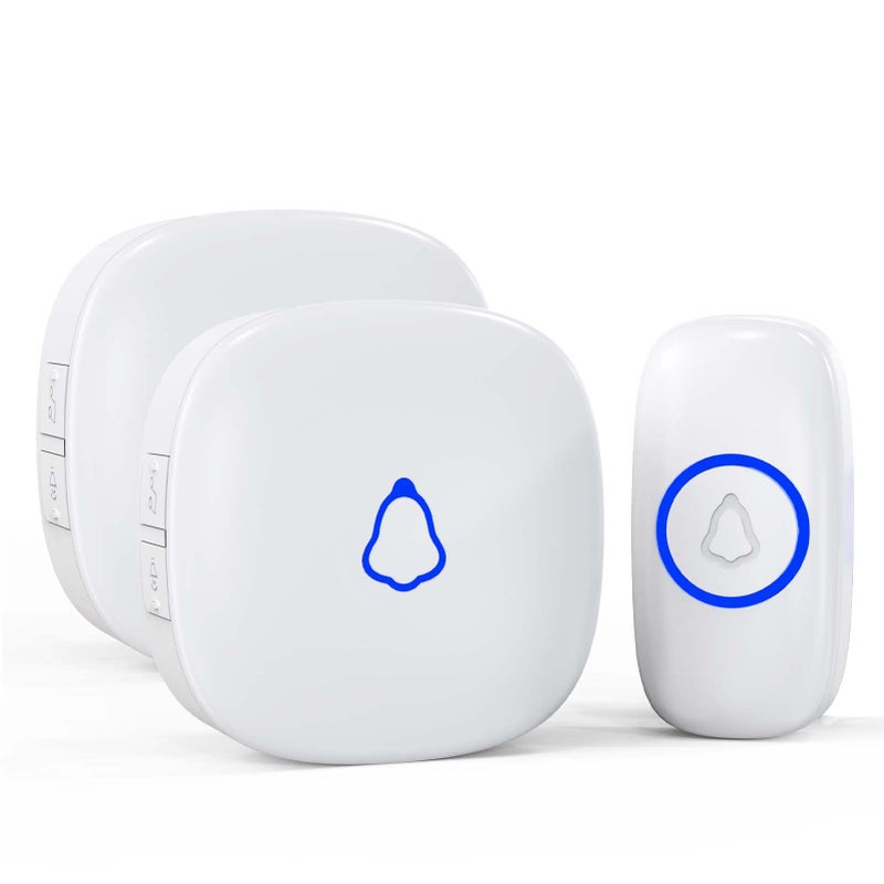 SECRUI Wireless Doorbell Mini Door Bell with 58 Chimes 5 Volume Levels 1 Waterproof Button 2 Plug in Receiver White Doorbell with Led Blue light for HomeClassroomOffice
