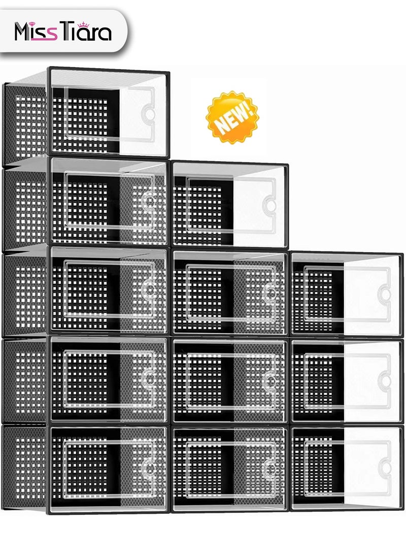MissTiara Shoe Organizers Storage Boxes for Closet, 12 Pack Clear Plastic Stackable Sneaker Containers Bins with Lids, Under Bed Shoe Storage for Entryway, Fit up to Women's Size 10 (Black, Large)  - Image 1