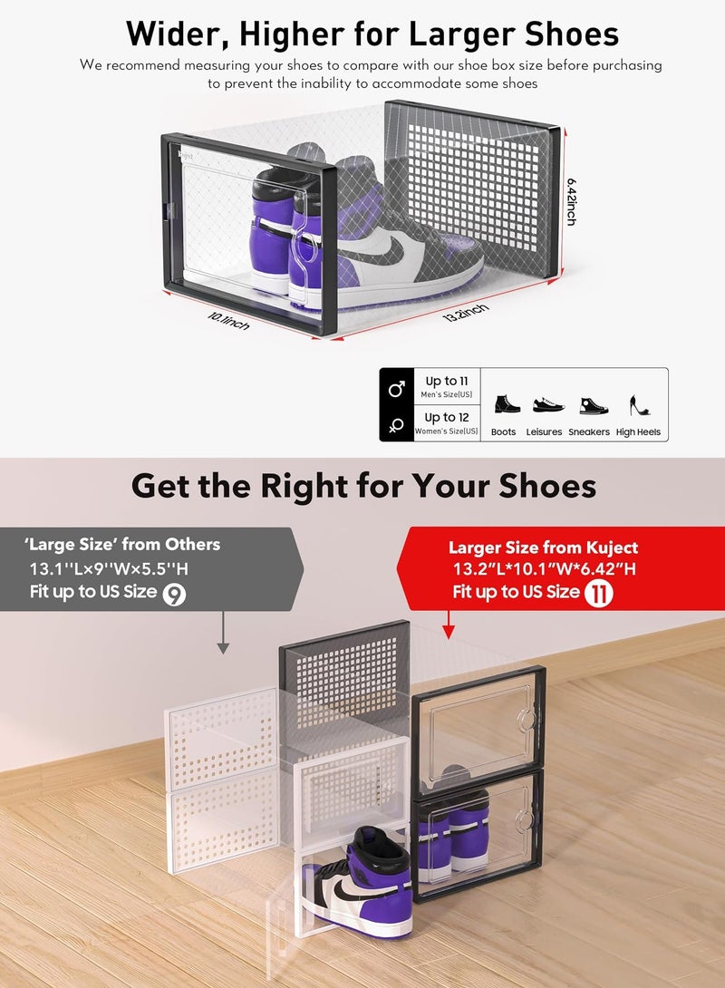 MissTiara Shoe Organizers Storage Boxes for Closet, 12 Pack Clear Plastic Stackable Sneaker Containers Bins with Lids, Under Bed Shoe Storage for Entryway, Fit up to Women's Size 10 (Black, Large)  - Image 2