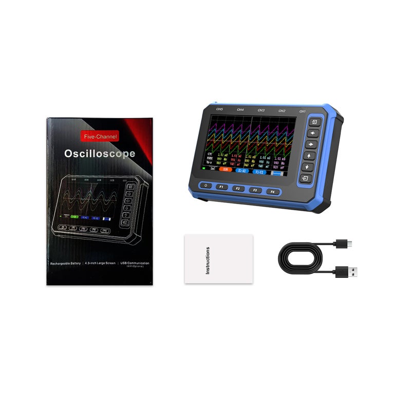 Portable Digital Oscilloscope: 5-Channel, 1MHz Bandwidth, 3MSa/s Sampling - Built-In 2000mAh Battery, 4.3'' IPS Display, USB-C PC Connection for Electronics Testing, On-Site Debugging And Education - Image 1