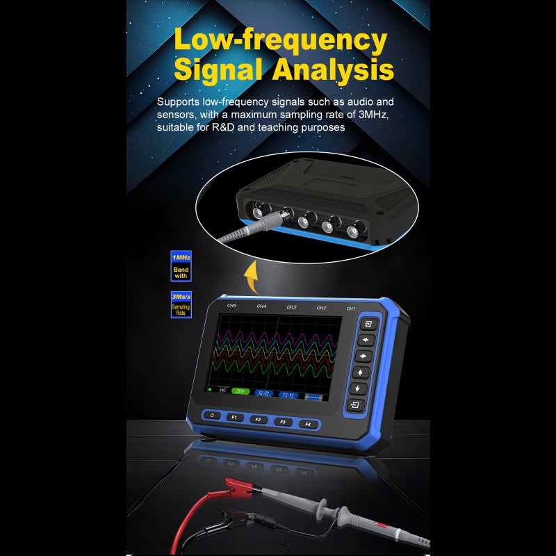 Portable Digital Oscilloscope: 5-Channel, 1MHz Bandwidth, 3MSa/s Sampling - Built-In 2000mAh Battery, 4.3'' IPS Display, USB-C PC Connection for Electronics Testing, On-Site Debugging And Education - Image 4
