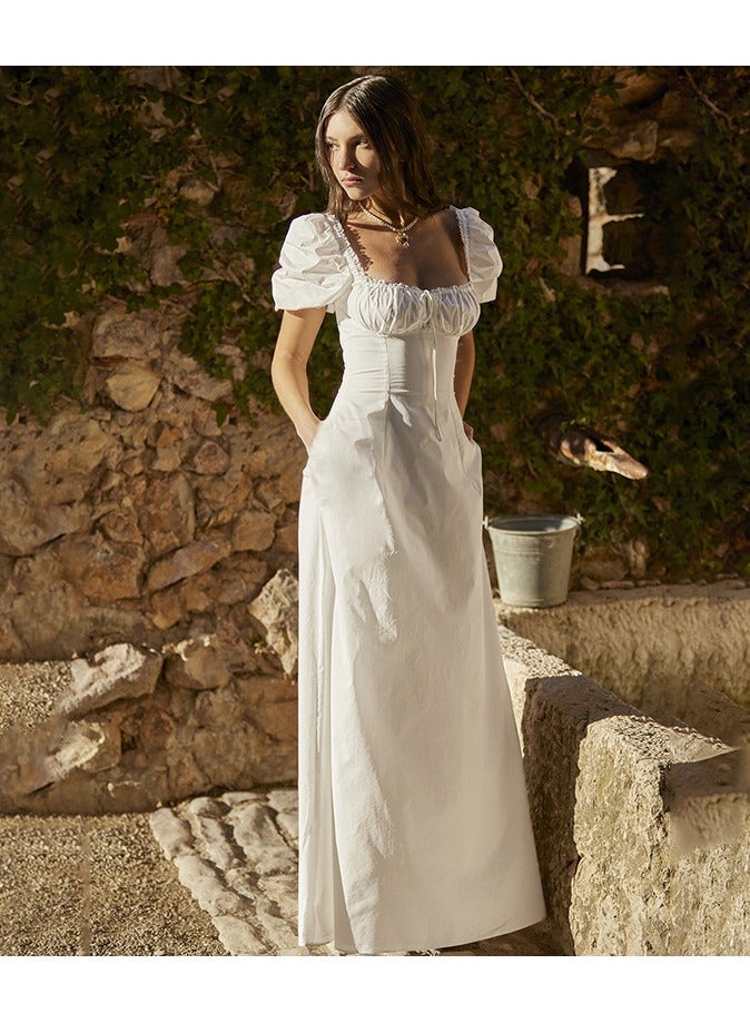 Square Neck Slim Backless White Long Puffy Sleeve Summer French Dress, Women's - Image 2