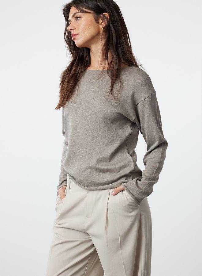 trendyol Grey Cotton Boat Neck Transparent Look Slim Fitted/Full Body Knitwear Sweater - Image 1