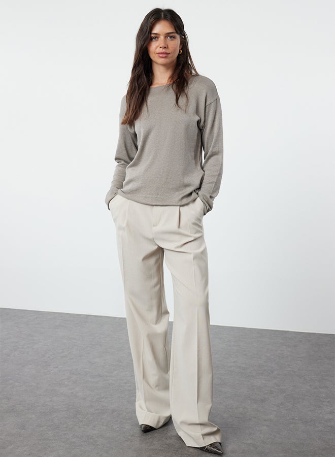 trendyol Grey Cotton Boat Neck Transparent Look Slim Fitted/Full Body Knitwear Sweater - Image 2