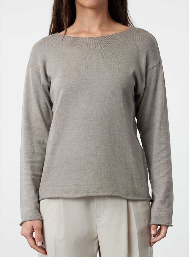 trendyol Grey Cotton Boat Neck Transparent Look Slim Fitted/Full Body Knitwear Sweater - Image 3