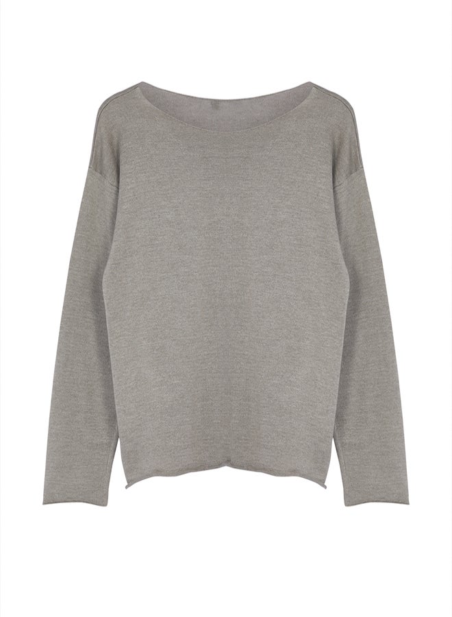 trendyol Grey Cotton Boat Neck Transparent Look Slim Fitted/Full Body Knitwear Sweater - Image 5