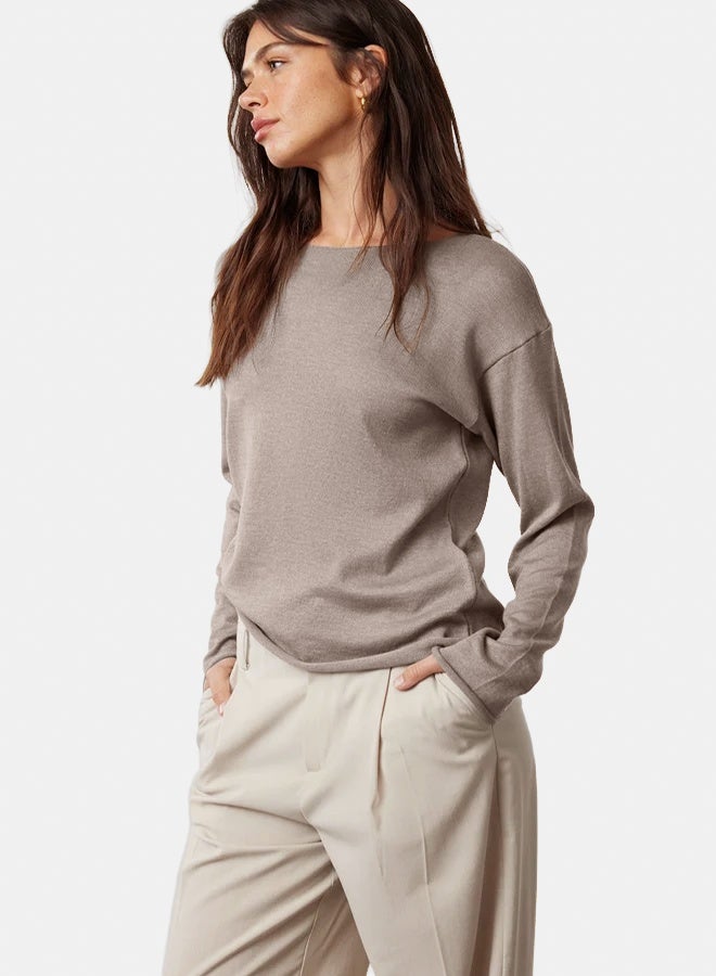 trendyol Grey Cotton Boat Neck Transparent Look Slim Fitted/Full Body Knitwear Sweater - Image 2