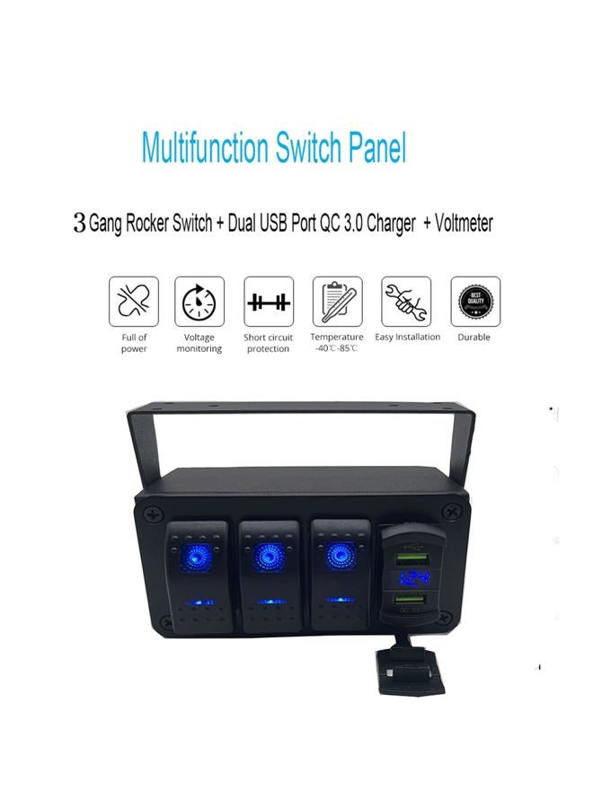 EAYBOMC Marine Boat Panel 3 Gang Rocker Switch Box 12V ON Off Switch Quick Charge 3.0 Dual USB Charger Voltmeter Waterproof Aluminum Rocker Switch Panel Night Glow Stickers for Boats RVs Trucks Cars - Image 2