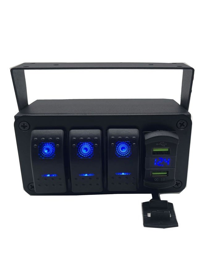EAYBOMC Marine Boat Panel 3 Gang Rocker Switch Box 12V ON Off Switch Quick Charge 3.0 Dual USB Charger Voltmeter Waterproof Aluminum Rocker Switch Panel Night Glow Stickers for Boats RVs Trucks Cars - Image 1