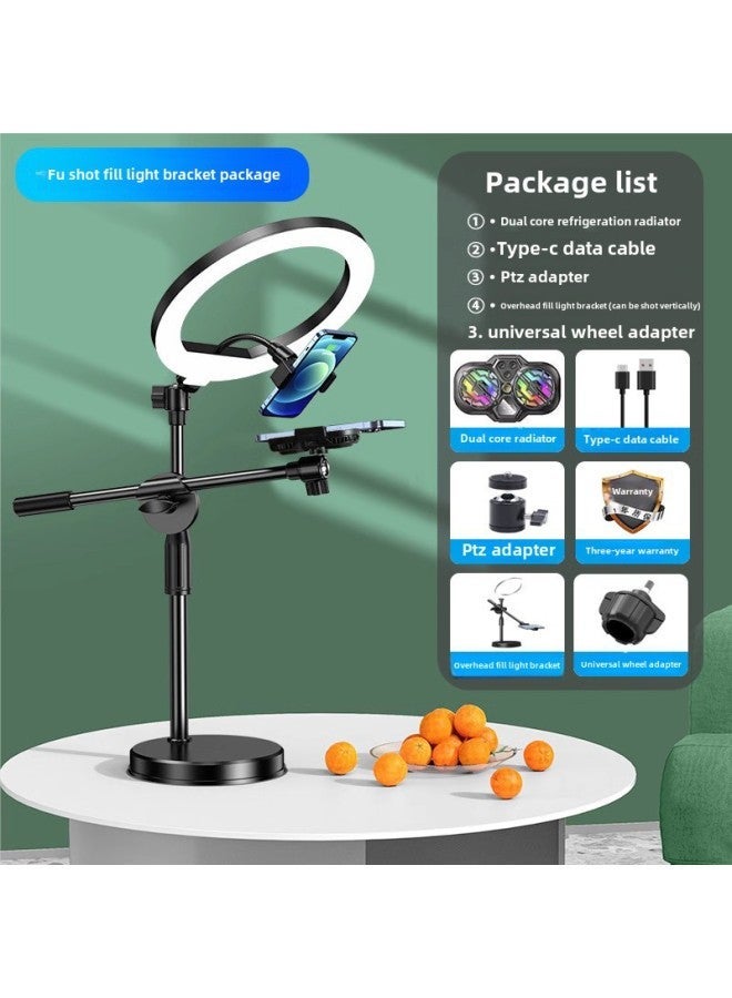 Live Broadcast Dedicated Mobile Phone Radiator Cooling Artifact Semiconductor Refrigeration Ultra-quiet Ice Back Clip Desktop Bracket-Color:[special For Tabletop Overhead Shooting] Dual-core | Three-speed Adjustment Digital Display + Shooting Bracket Fill Light  - Image 1