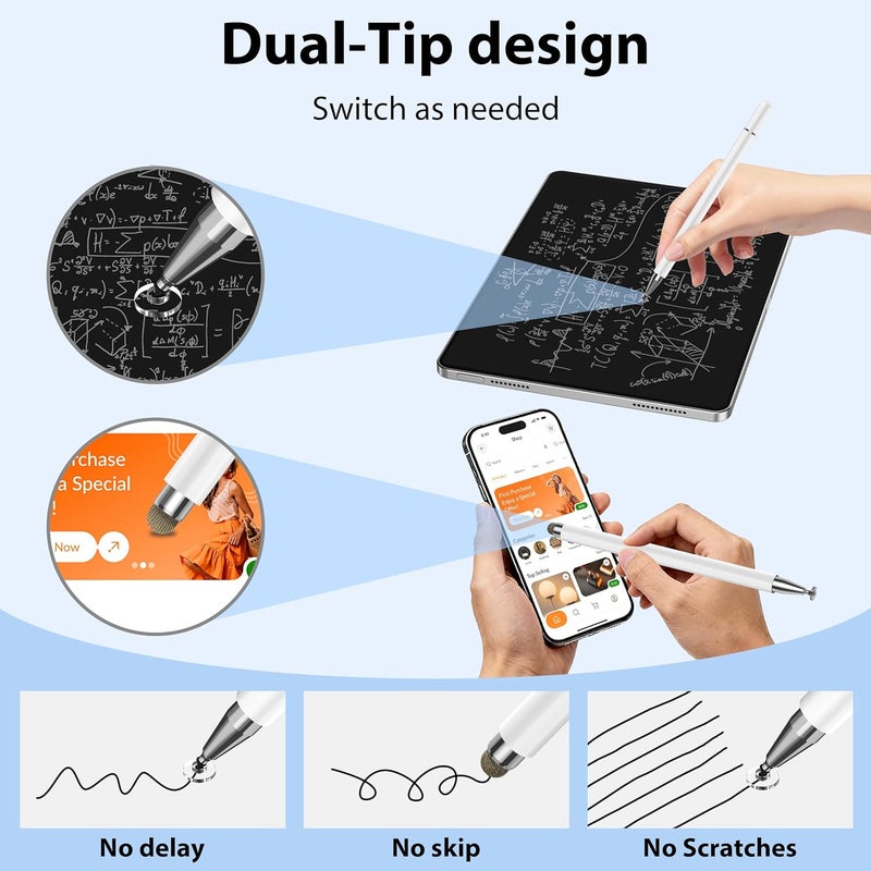 Zoye Stylus Pens for Touch Screens, High Precision and Sensitivity，2 in 1 Universal Stylus Pen for iPhone/iPad/Android/Microsoft Tablets (White) - Image 2