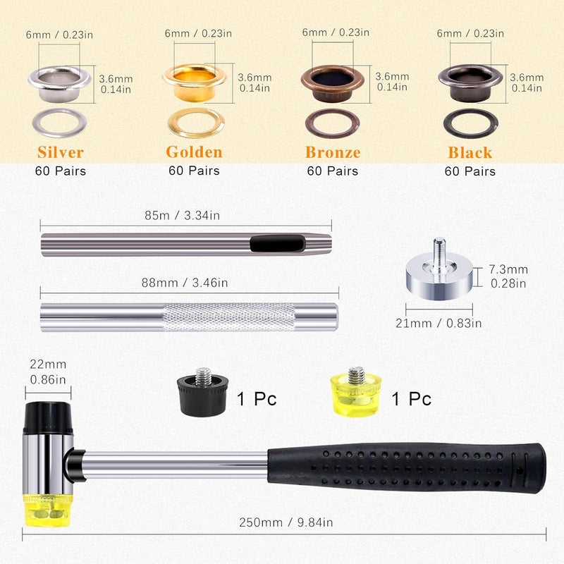 Rustark 240 Sets 1/4 Inch Colored Grommet Assortment Kit with 4 Pcs Setting Install Tool, 6mm Metal Eyelets in Storage Box for DIY Projects - Image 2
