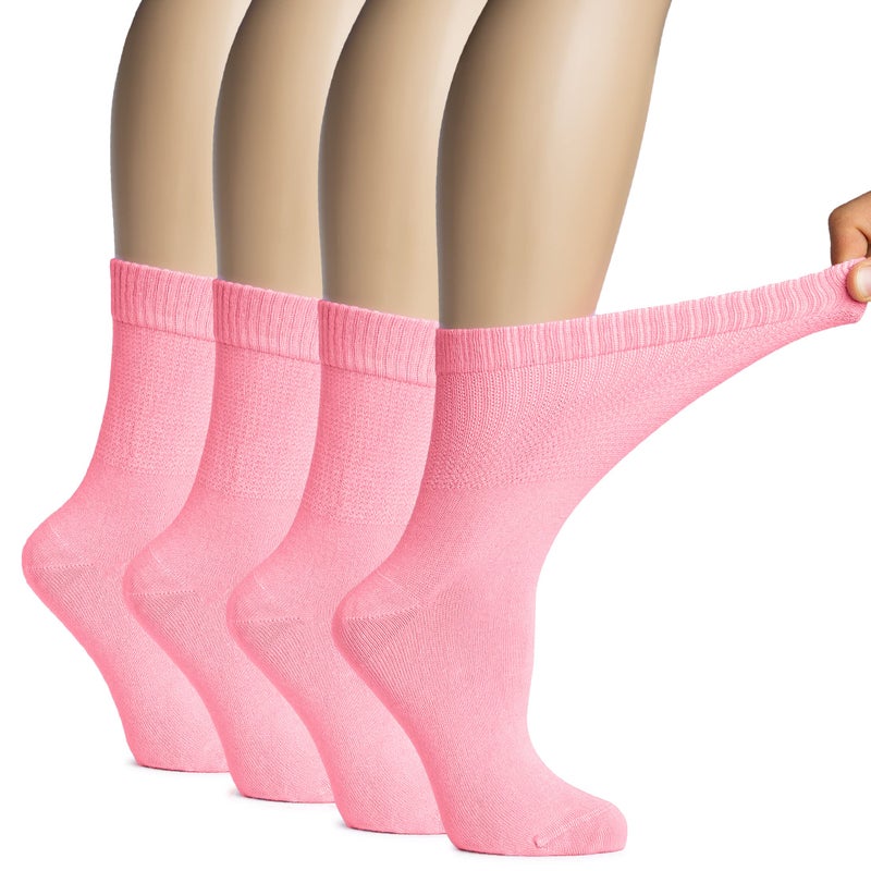 Hugh Ugoli Women's Rayon derived from Bamboo Diabetic Crew Socks, Thin, Loose Fit, Soft, Wide Stretchy, Seamless Toe, 4 Pairs, Pink, Shoe Size: 6-9 - Image 1