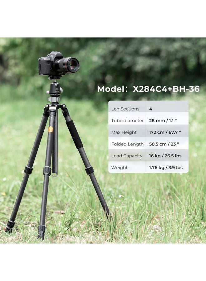 K&F Concept X-Series 68 inch/172cm Carbon Fiber Camera Tripod,Professional Photography Tripod with 36mm Metal Ball Head Load Capacity 16KG/35.2lbs for Indoor Outdoor Use X284C4+BH-36 - Image 2
