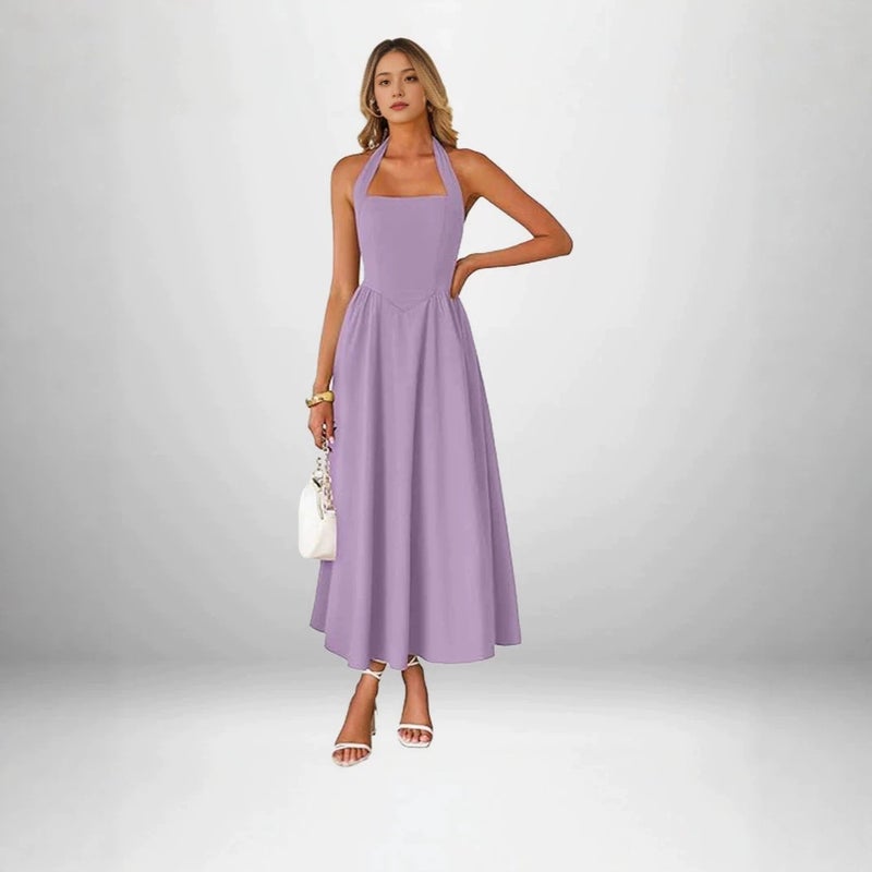 2026 Women's Halter Neck Square Neckline Solid Color High Waist A-Line Midi Dress for Beach Vacation - Image 3