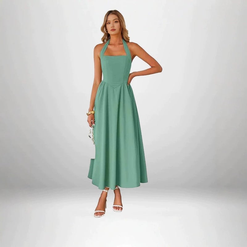 2026 Women's Halter Neck Square Neckline Solid Color High Waist A-Line Midi Dress for Beach Vacation - Image 2