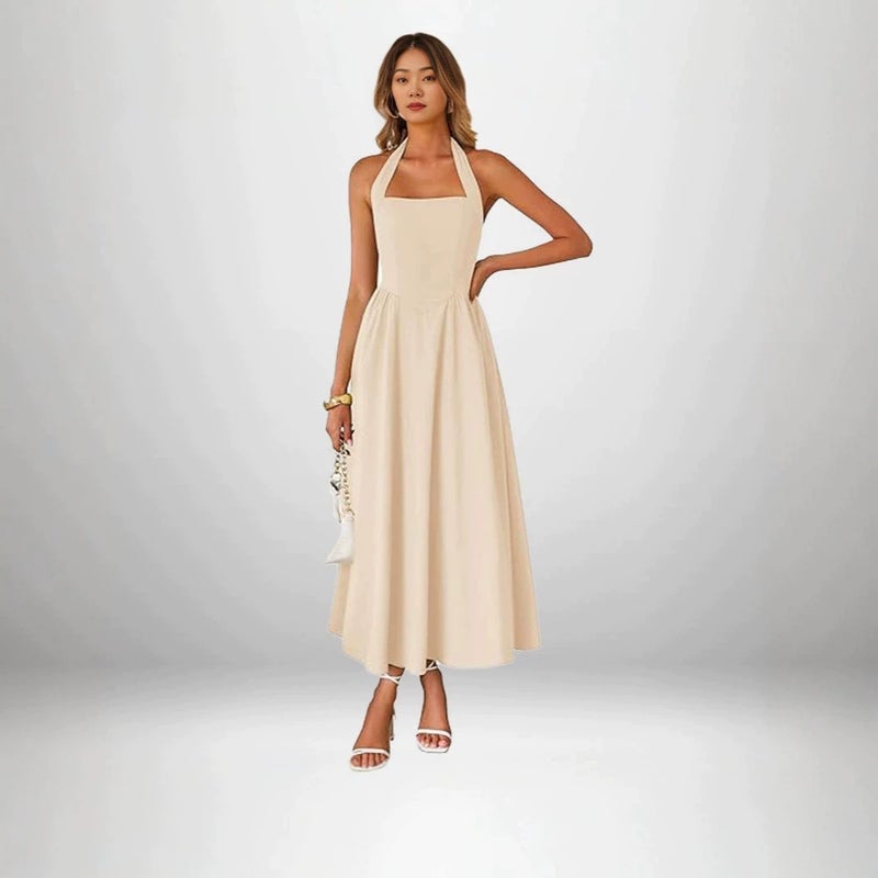 2026 Women's Halter Neck Square Neckline Solid Color High Waist A-Line Midi Dress for Beach Vacation - Image 1