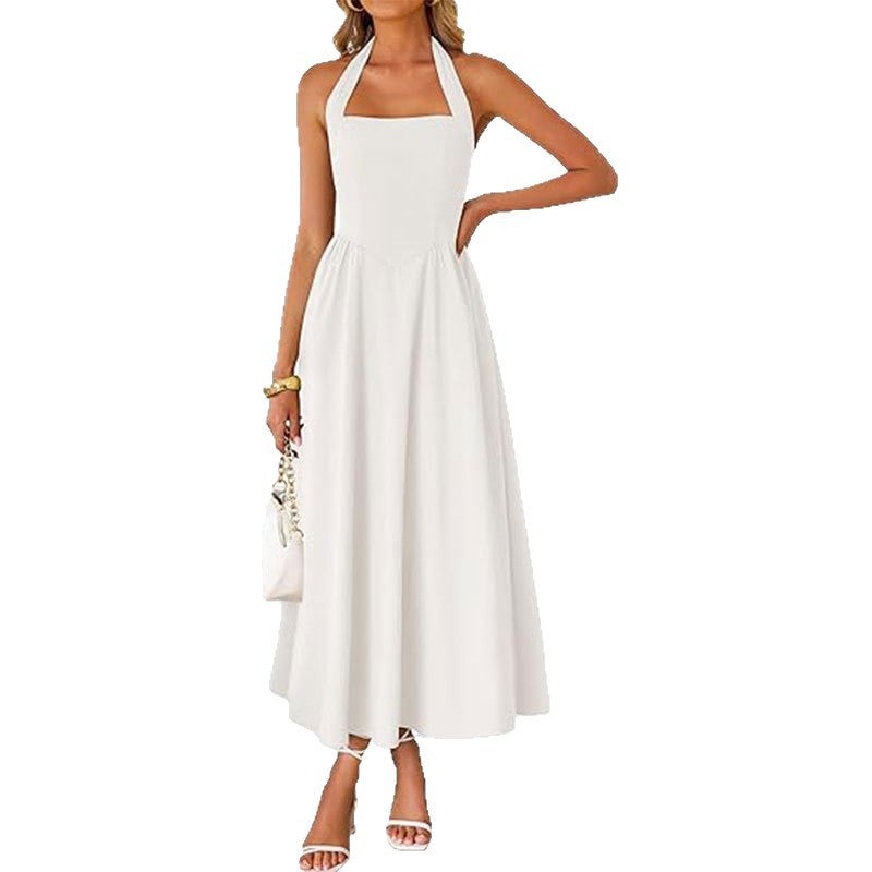 2026 Women's Halter Neck Square Neckline Solid Color High Waist A-Line Midi Dress for Beach Vacation - Image 5