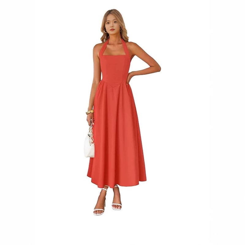 2026 Women's Halter Neck Square Neckline Solid Color High Waist A-Line Midi Dress for Beach Vacation - Image 4