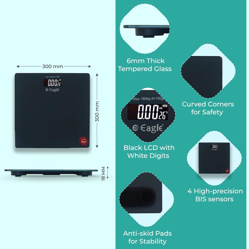 Eagle ميزان وزن الجسم الرقمي | سعة 180 كجم | آلة وزن مزودة بـ 4 حساسات جي عالية الدقة | ميزان وزن شخصي للاستخدام المنزلي، في الصالة الرياضية | شاشة LCD | ضمان لمدة سنتين - EEP-1007A رمادي - Image 2