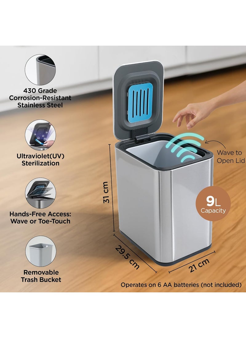 Homestic Homestic 9L Stainless Steel Automatic Touchless Motion Sensor Dustbin Quick Open Soft Close Lid Garbage Bin for Kitchen Bathroom Indoor Outdoor Trash Cana90  - Image 3