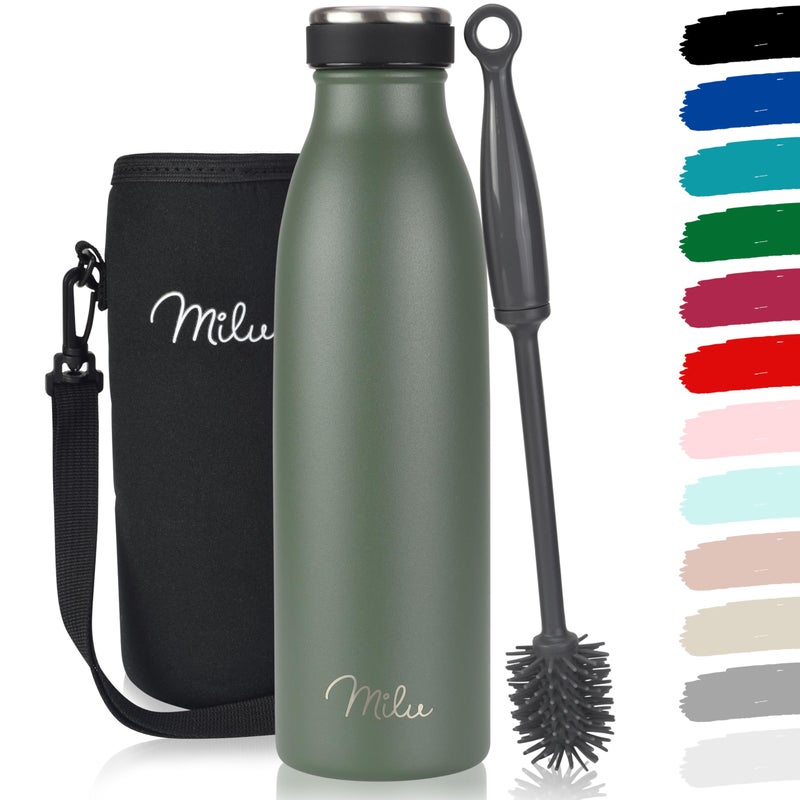 Milu Stainless Steel Drinking Bottle 500 ml  Insulated Thermo Flask for Water  Leak Proof Insulated and Double Walled Carbonated Olive Green 500ml