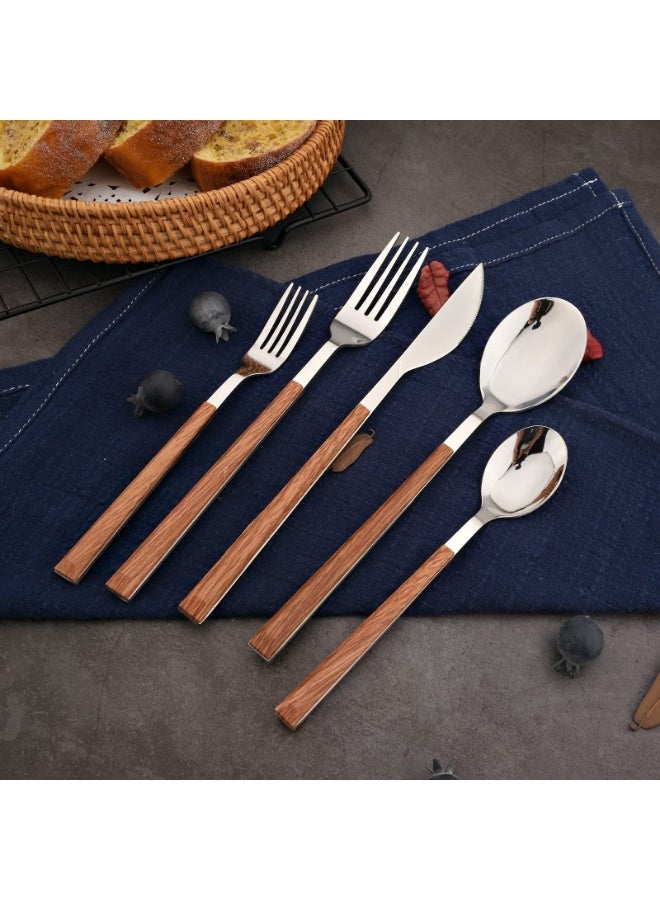 عربست طقم أدوات مائدة على الطراز الكوري من الفولاذ المقاوم للصدأ، يتكون من شوكة وملعقة وسكين وملعقة شاي بمقابض خشبية مربعة، مكون من 4 قطع، مناسب للمنزل والمطبخ والمطاعم، كما أنه هدية مثالية - فضي. - Image 2