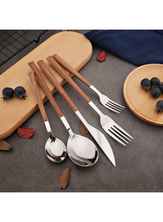عربست طقم أدوات مائدة على الطراز الكوري من الفولاذ المقاوم للصدأ، يتكون من شوكة وملعقة وسكين وملعقة شاي بمقابض خشبية مربعة، مكون من 4 قطع، مناسب للمنزل والمطبخ والمطاعم، كما أنه هدية مثالية - فضي. - Image 4