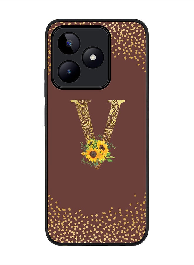 Stylizedd Rugged Black edge case for Realme C51 / Realme Note 50 4G,Custom Monogram Initial Letter Floral Pattern Alphabet - V (Brown) - Image 1
