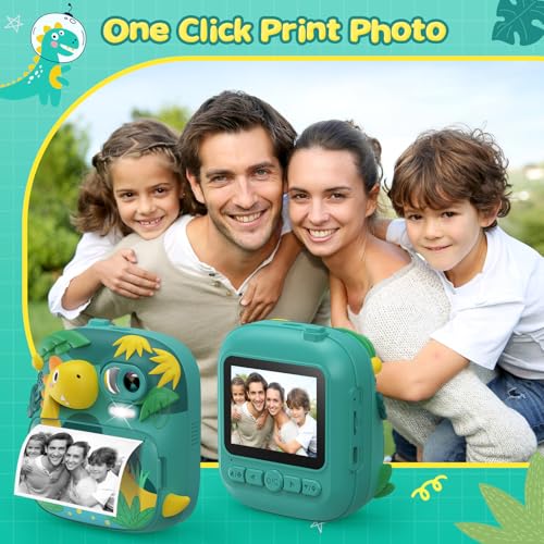 CAMCLID Kids Camera Instant Print, CAMCLID 2.4 Inch Screen Camera for Kids Dinosaur Children Digital Camera with 32GB Card & 3 Rolls Paper, Christmas Birthday Gift Toys for Boys Girls 3-12 Age (Green) - Image 3