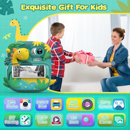 CAMCLID Kids Camera Instant Print, CAMCLID 2.4 Inch Screen Camera for Kids Dinosaur Children Digital Camera with 32GB Card & 3 Rolls Paper, Christmas Birthday Gift Toys for Boys Girls 3-12 Age (Green) - Image 2