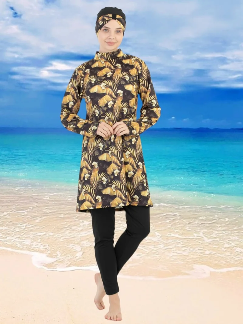 تيزجيلسين Women's Lycra Long Sleeve Tights Patterned Hijab Swimsuit