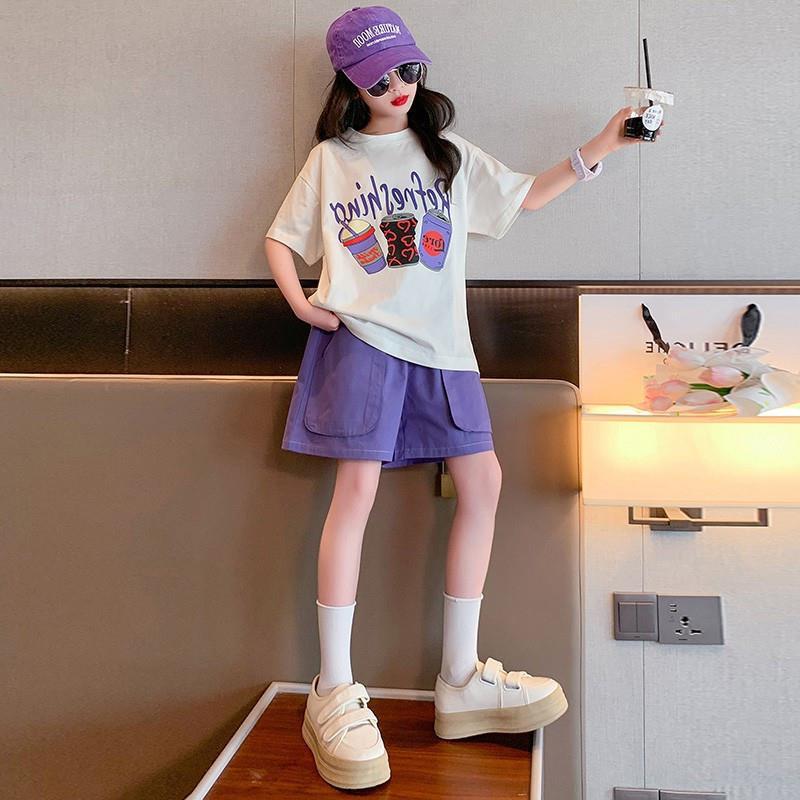 Girls Internet-famous suit Summer Dress Western Style Fashionable Childrens Sports Casual Short-sleeved Shorts Two-piece Set for Women Purple 