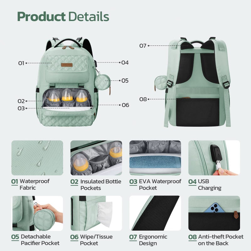 Maelstrom Diaper Bag Backpack,29L-45L Expandable Large Baby Bag for 2 Kids/Twins with Removable Cross Body Bottle Bag for Mom/Dad,Stylish Nappy Bag Gift for Boys/Girl-Mothers Day Gifts-Mint Green - Image 5