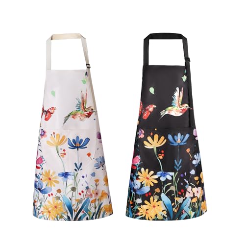 IHFAIO Floral Apron Women 2 Pack Aprons for Women with Pockets Waterproof Kitchen Apron with Bird Flower Printing for Cooking Gardening - Image 1