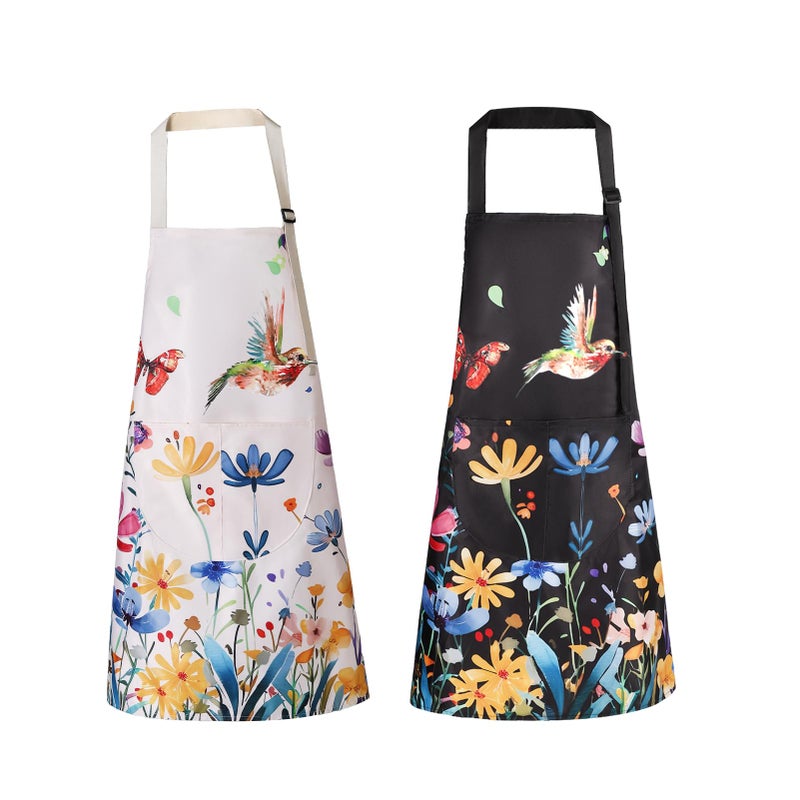 IHFAIO Floral Apron Women 2 Pack Aprons for Women with Pockets Waterproof Kitchen Apron with Bird Flower Printing for Cooking Gardening - Image 2