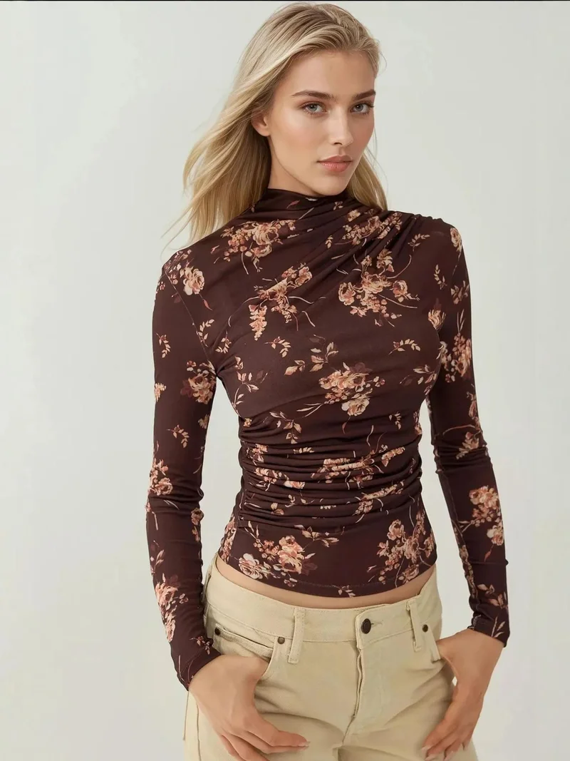 HICCUP Dark Mocha Brown Long Sleeve Printed Top for Women | Best Price UAE