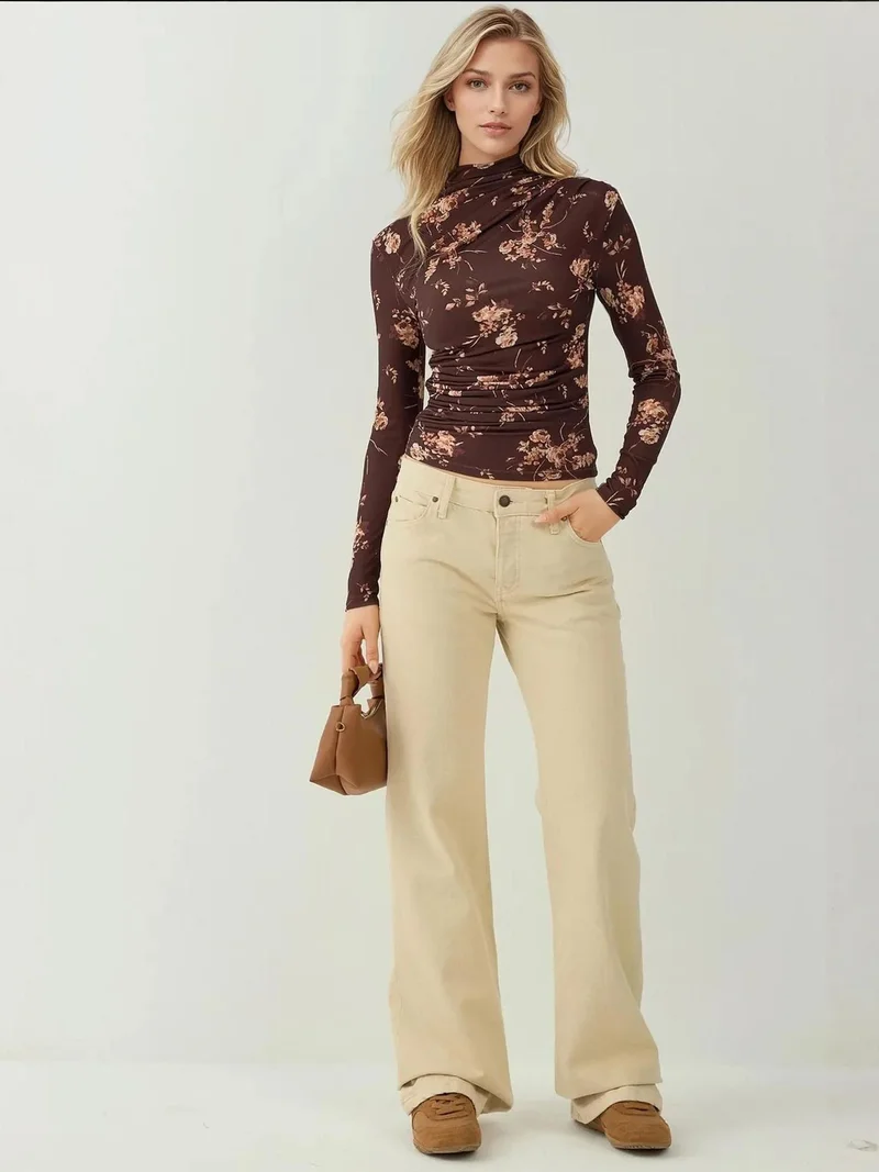 HICCUP Dark Mocha Brown Long Sleeve Printed Top for Women | Best Price UAE