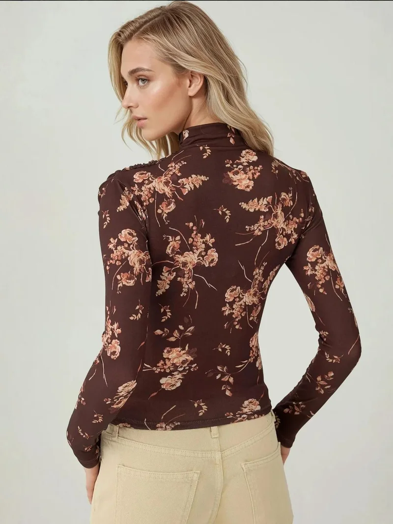 HICCUP Dark Mocha Brown Long Sleeve Printed Top for Women | Best Price UAE