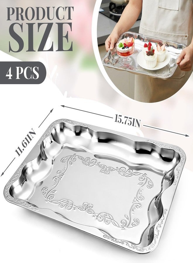 Tiangrid 4 Pcs Silver Serving Tray 15.75 x 11.61 Inch Elegant Floral Stainless Steel Plate Silver Platter for Buffet Wedding Party Jewelry Decorative, Rectangle - Image 2