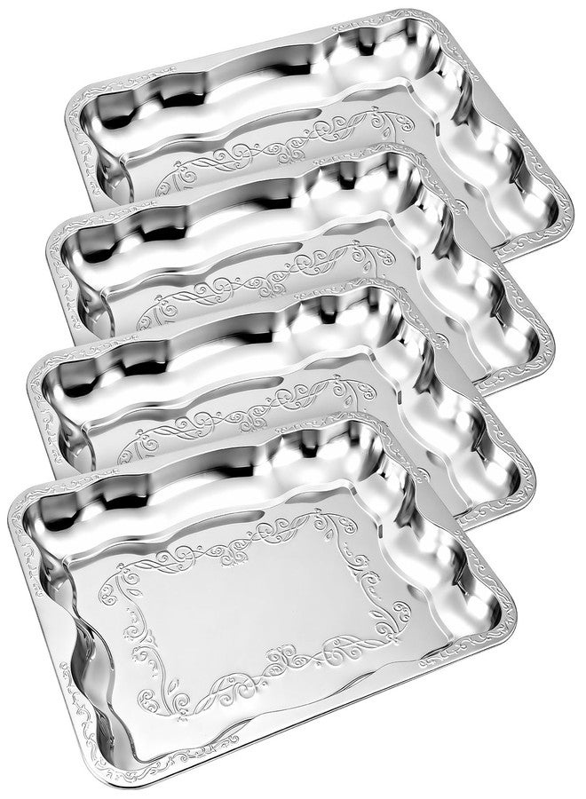 Tiangrid 4 Pcs Silver Serving Tray 15.75 x 11.61 Inch Elegant Floral Stainless Steel Plate Silver Platter for Buffet Wedding Party Jewelry Decorative, Rectangle - Image 1